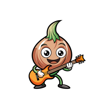 Funny Onion Character Playing Guitar Cartoon Vector Illustrationのイラスト素材
