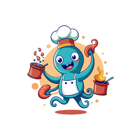 Cheerful Cartoon Octopus Chef Preparing Delicious Food with Potsのイラスト素材