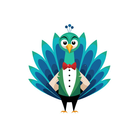 Cartoon Peacock Wearing a Tuxedo and Bowtie on Whiteのイラスト素材