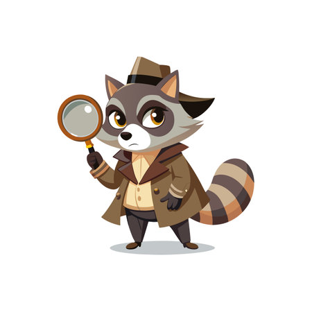 Cartoon raccoon detective with magnifying glass investigating a mysteryのイラスト素材