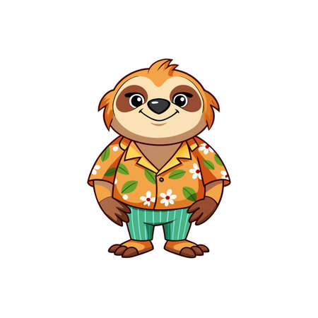 Cartoon Sloth with Hawaiian Shirt, Standind on a White Backgroundのイラスト素材