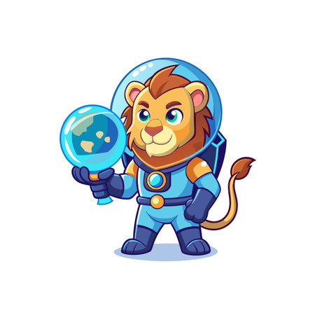 Cartoon lion astronaut holding globe on white background illustrationのイラスト素材