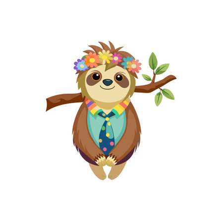 Whimsical Sloth with Flower Crown Hanging on Tree Branchのイラスト素材
