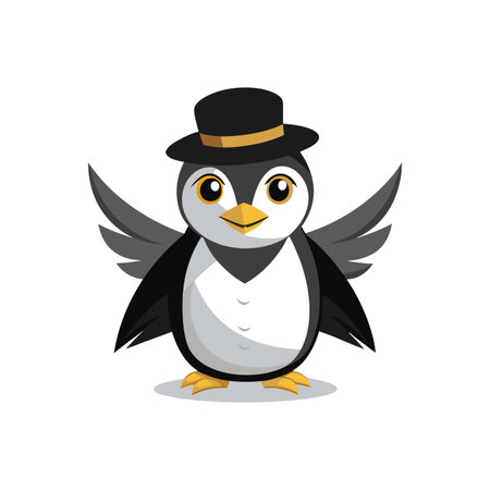 Cartoon penguin wearing black top hat extending its wingsのイラスト素材
