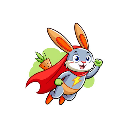 Cartoon Super Rabbit with Carrot Sidekick soaring through Skyのイラスト素材
