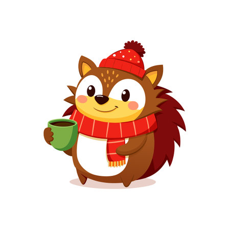 Cartoon hedgehog wearing a hat and scarf with coffeeのイラスト素材