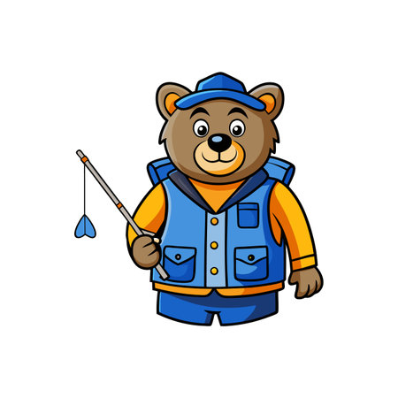 Cartoon bear fisherman holding fishing rod ready for adventureのイラスト素材