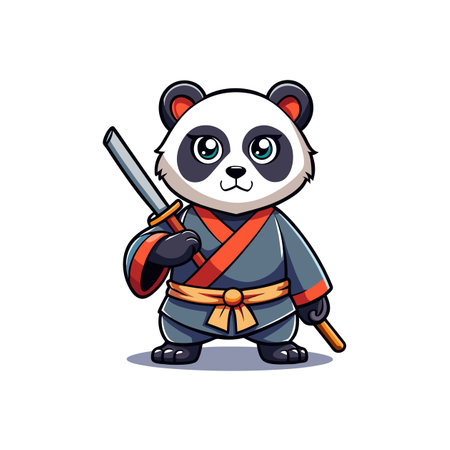 Cute panda warrior holding katana sword standing guard proudlyのイラスト素材
