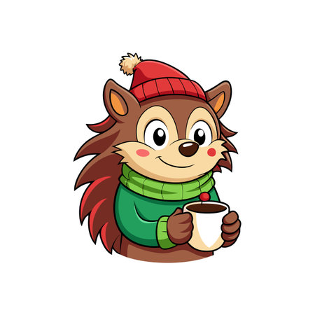 Cartoon hedgehog with coffee wearing winter hat and scarfのイラスト素材