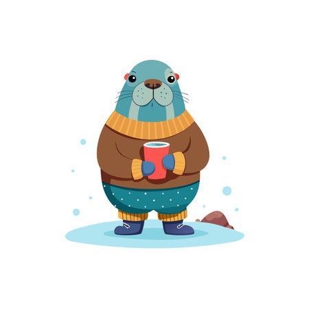 Cartoon walrus enjoys hot drink on snow illustration vectorのイラスト素材