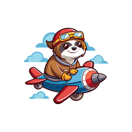 Cartoon sloth character flying a vintage airplane in skyのイラスト素材