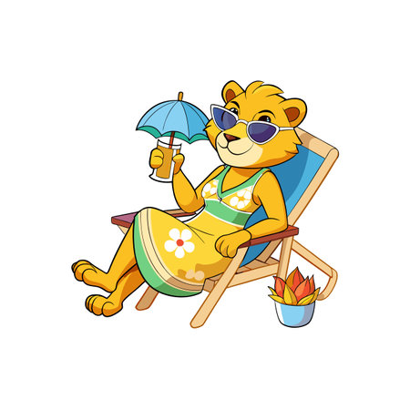 Cartoon lioness relaxes on beach chair with drinkのイラスト素材