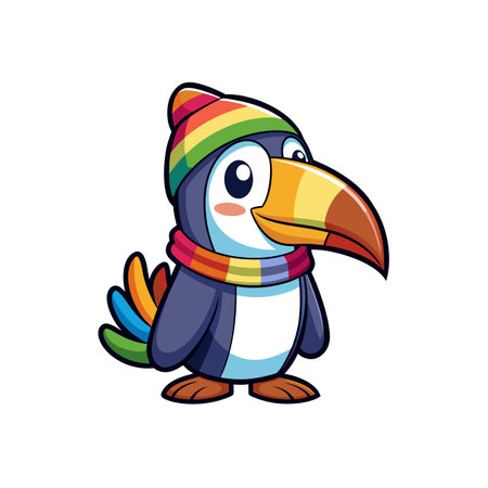 Cute Toucan Cartoon Character Wearing Winter Hat and Scarfのイラスト素材