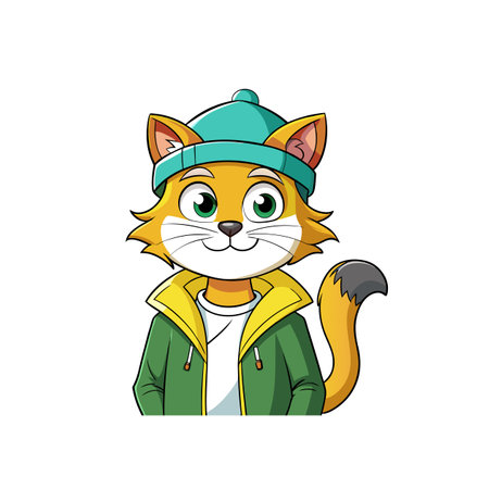 Stylized Cartoon Cat Character Portrait Wearing Beanie and Jacketのイラスト素材