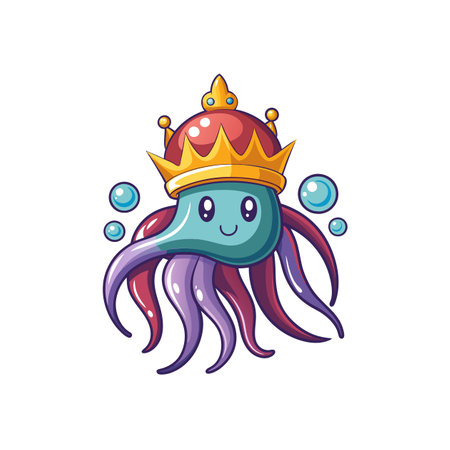 Cartoon jellyfish wearing a crown with water bubbles aroundのイラスト素材