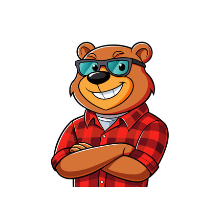 Cool bear character wearing glasses and a checkered shirtのイラスト素材