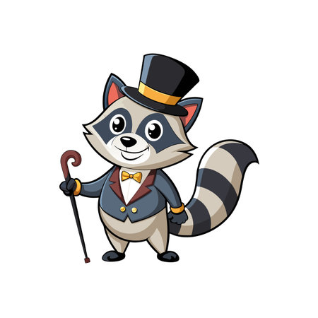 Cartoon raccoon in suit and hat holding walking caneのイラスト素材