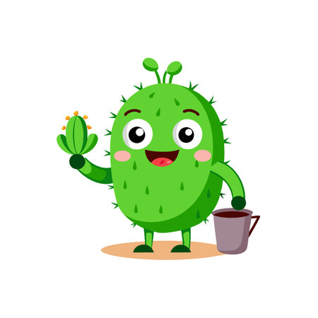 Happy cartoon cactus character with pot and smaller cactusのイラスト素材