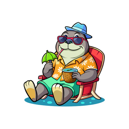 Cartoon seal relaxing on beach chair with cocktail drinkのイラスト素材