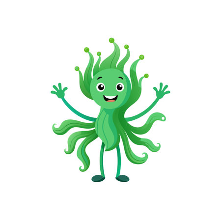 Friendly green cartoon monster with tentacles and happy expressionのイラスト素材