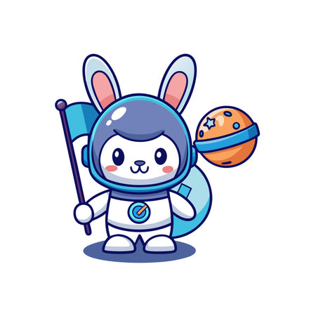 Cartoon bunny astronaut exploring with planet and waving flagのイラスト素材