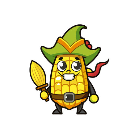 Cartoon corn cob character in hat holding a brushのイラスト素材