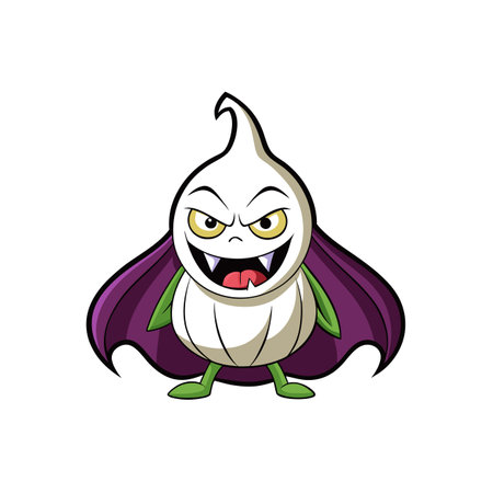 Cartoon garlic vampire with cape illustration on white backgroundのイラスト素材