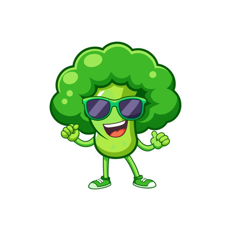 Cartoon broccoli character with sunglasses expressing joy and funのイラスト素材