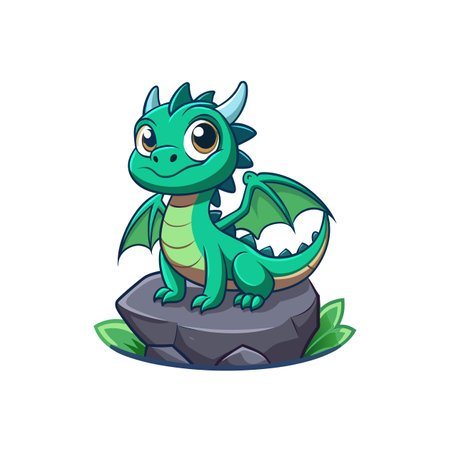 Cute Green Dragon Cartoon Character Sitting on a Rockのイラスト素材
