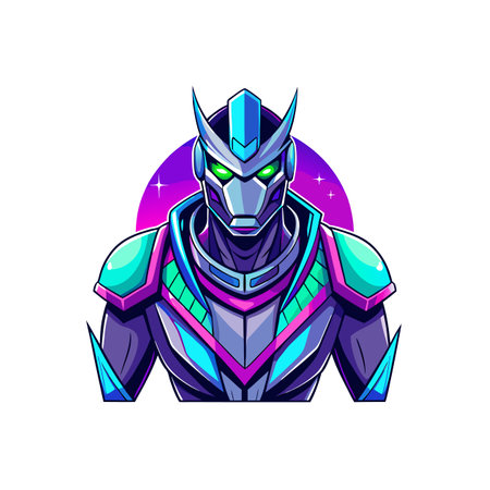 Futuristic robot warrior portrait with neon accents and backgroundのイラスト素材