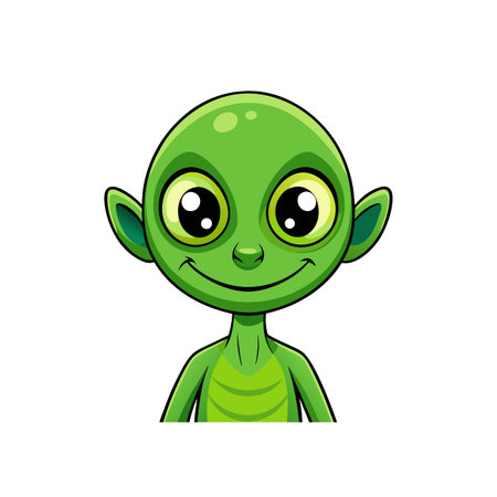 Cartoon green alien with big eyes smiles cheerfully