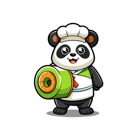 Cartoon panda chef holding sushi roll, isolated on whiteのイラスト素材