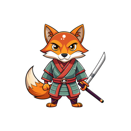 Cartoon fox samurai warrior character holding katana on whiteのイラスト素材