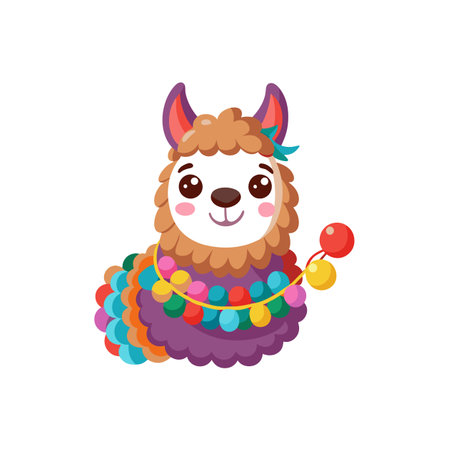 Cartoon llama wearing colorful garland smiling playfully on white backgroundのイラスト素材