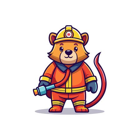 Cartoon bear firefighter in full uniform holding a hoseのイラスト素材