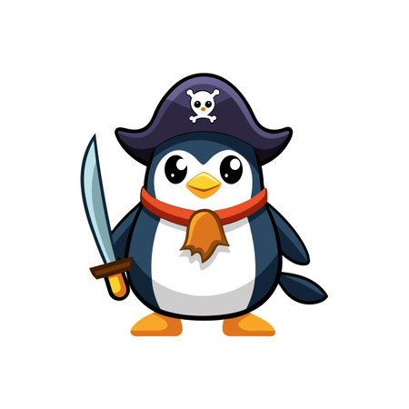 Cartoon pirate penguin illustration wielding sword with white backgroundのイラスト素材