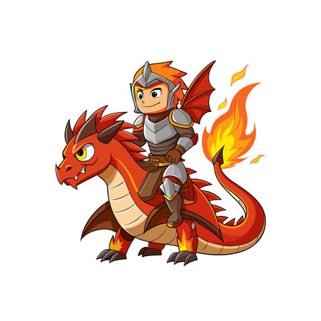 Brave knight riding a fire dragon cartoon illustrationのイラスト素材