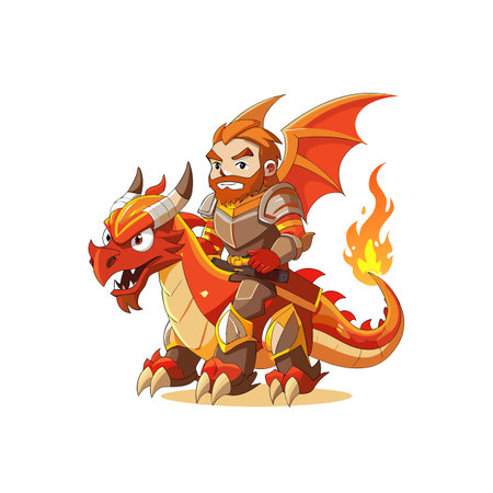 Cartoon knight riding a fire dragon with sword drawnのイラスト素材