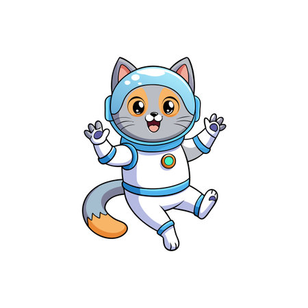 Cartoon cat astronaut cheerfully floating in space illustrationのイラスト素材