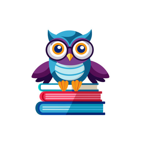 Colorful Cartoon Owl Perched Atop a Stack of Booksのイラスト素材