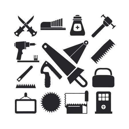 Assorted black and white tool icons over white backgroundのイラスト素材