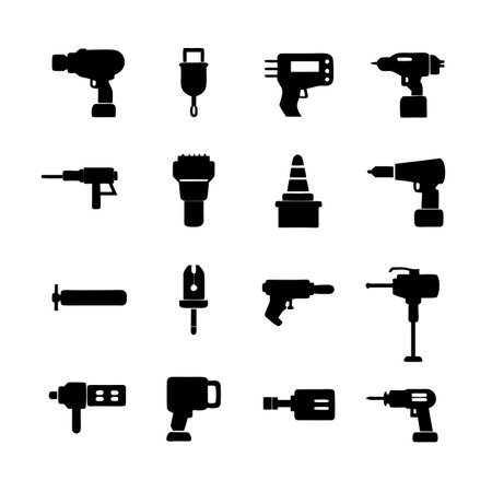 Variety of power tools set in black silhouette styleのイラスト素材
