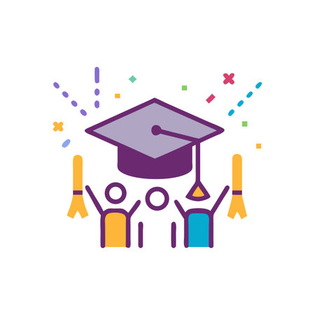 Graduation celebration icon with students, confetti and capのイラスト素材