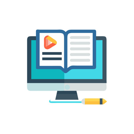 Online learning concept with computer screen and open bookのイラスト素材