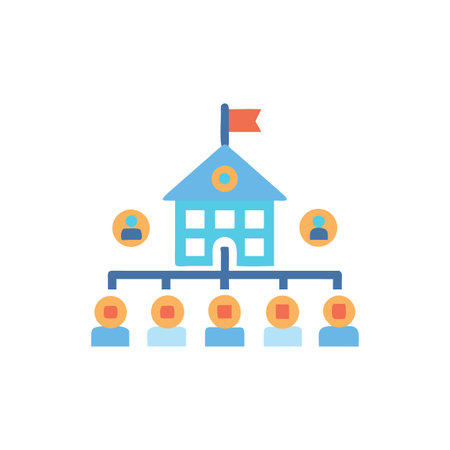 Organization chart illustration with building and connecting team membersのイラスト素材