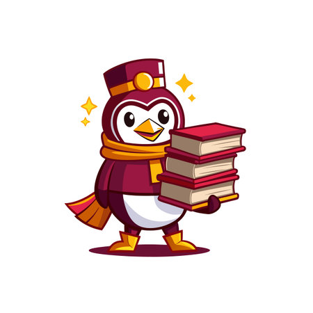 Charming Penguin Joyfully Stacking Booksのイラスト素材