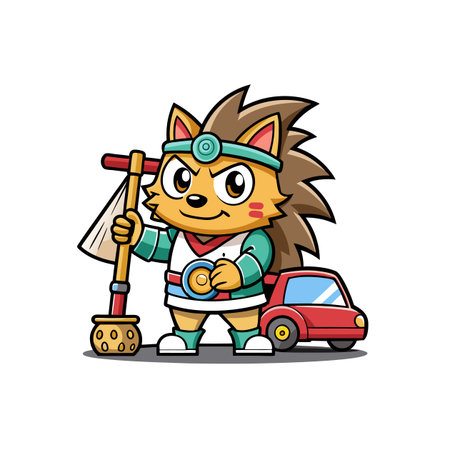 Grumpy Hedgehog Scrubbing a Car Outdoorsのイラスト素材