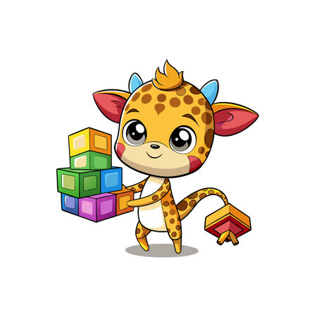 Clumsy Giraffe Stacking Colorful Wooden Blocksのイラスト素材