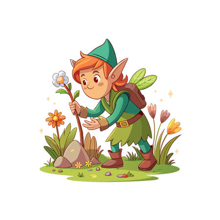 Elf Archer Picking Flowers in the Meadowのイラスト素材