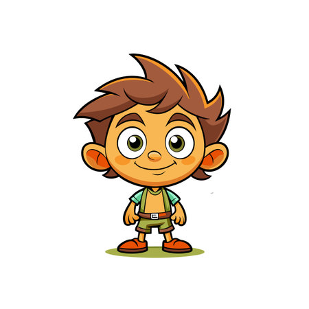 Cartoon boy character standing friendly on grass illustrationのイラスト素材